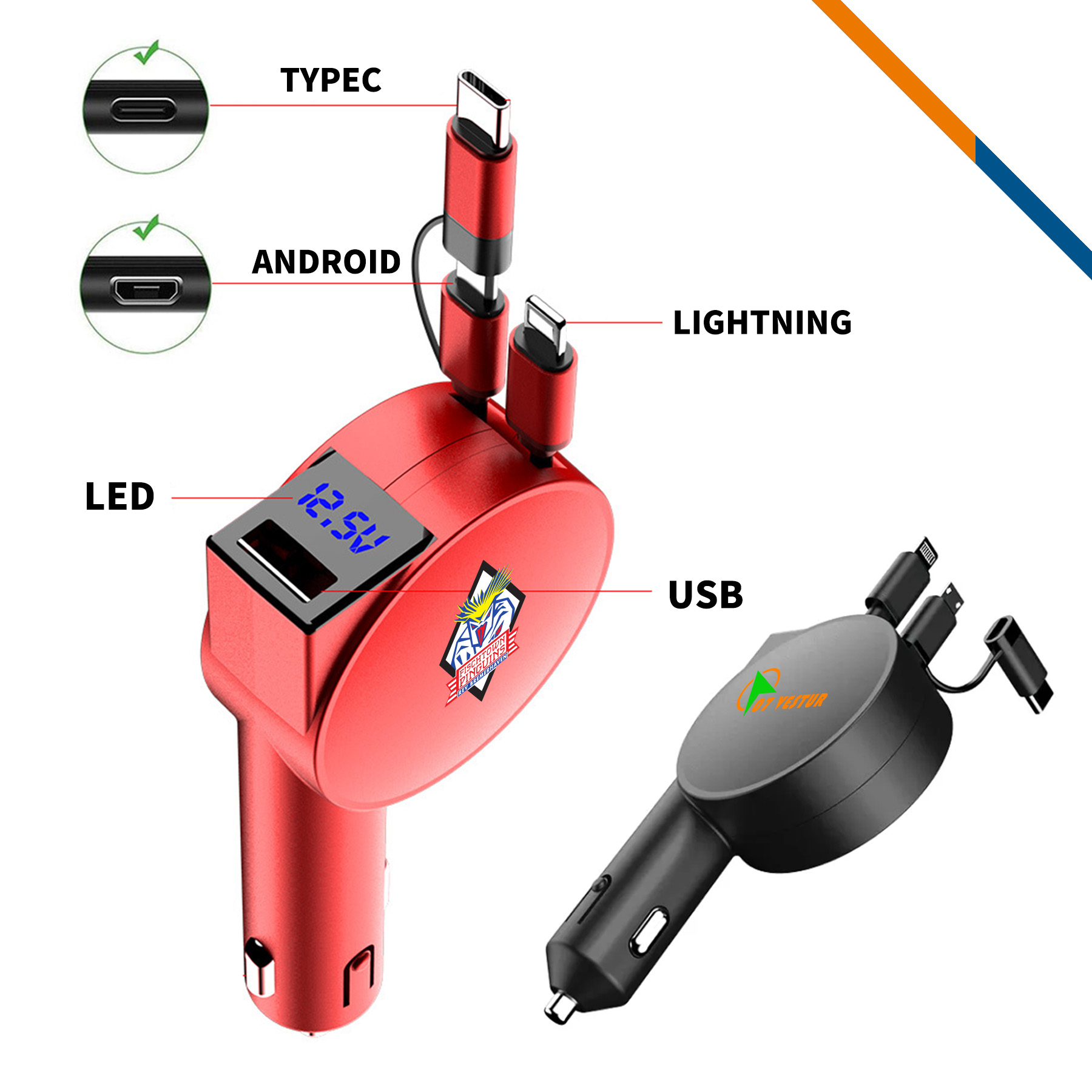 Vicente 4in1 Retractable Fast Charging Car Charger 4