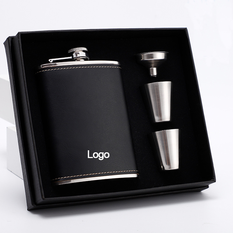 8oz Stainless Steel Black Hip Flask Set 2