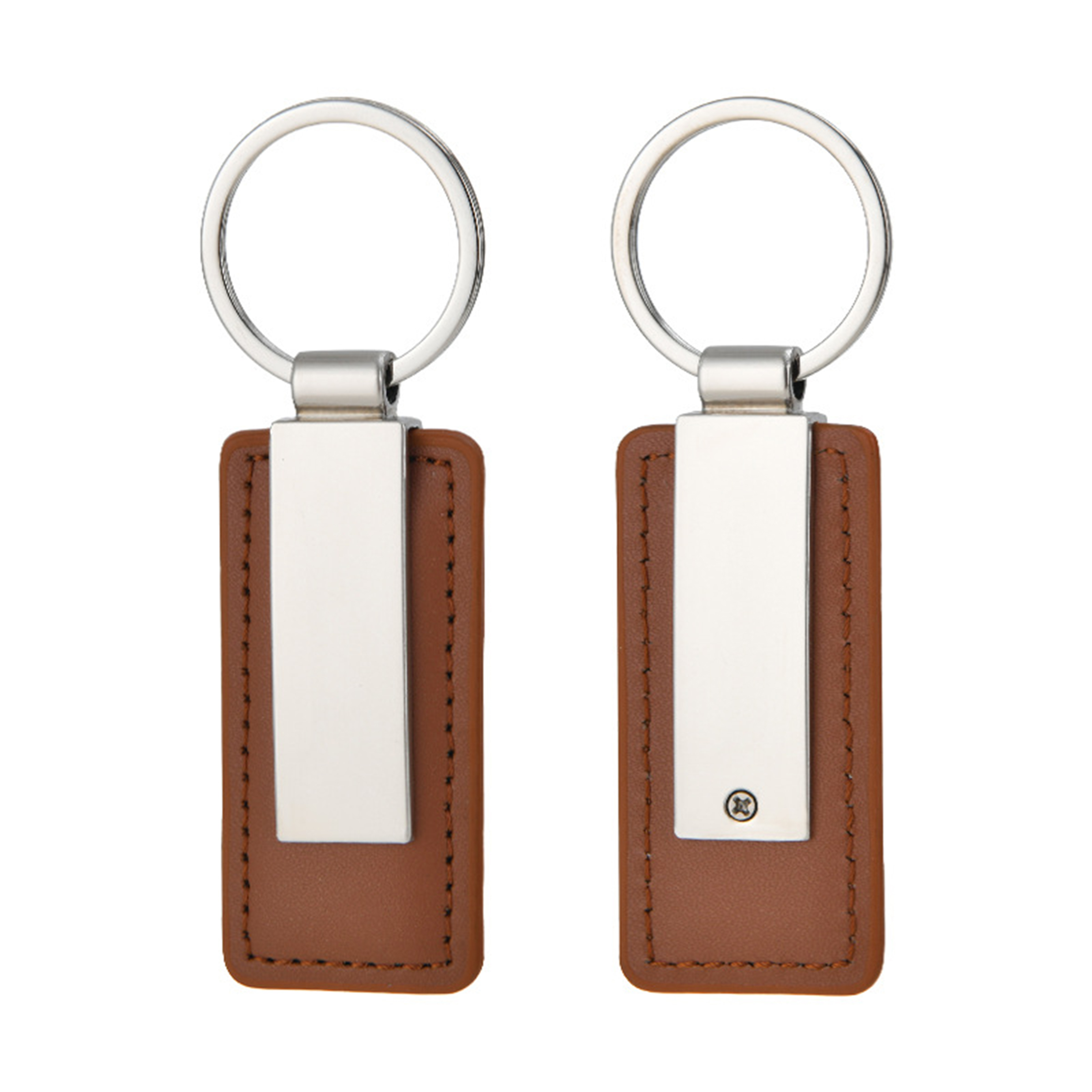Rectangular Metal Keychain With Leather Accent 1