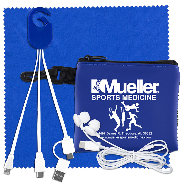 "TechMesh Hang Pro" Mobile Tech Charging Cable Kit in Mesh Zipper Pouch Components inserted into Zip 10