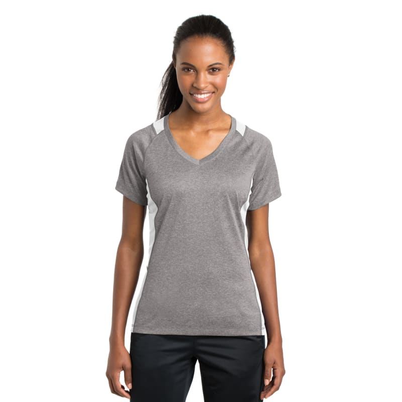 Sport-Tek Women's Heather Colorblock Contender V-Neck Tee. 39
