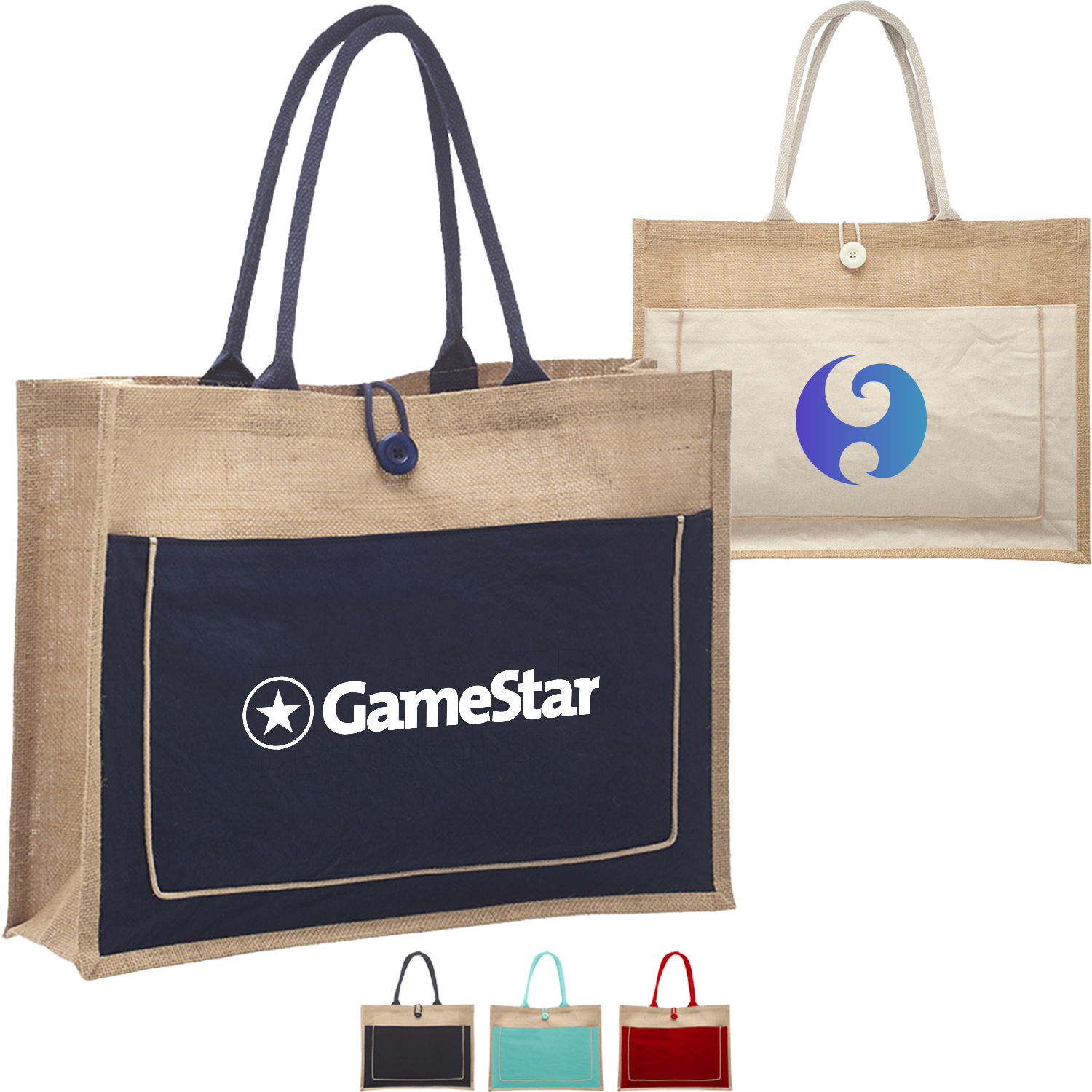 Two tone Jute Tote Bag w/ Front Pocket & Colored Handles & Gusset (17.75" x 13.75") 2