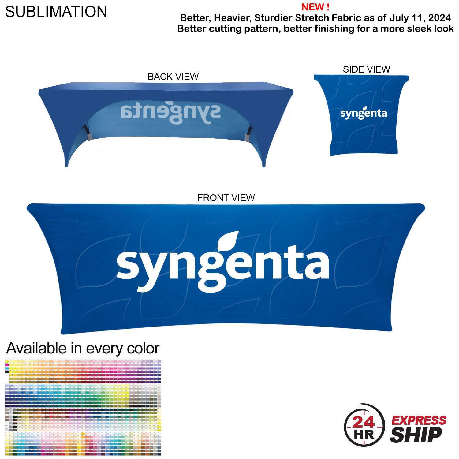 24 Hr Express Ship - Sublimated Stretch Curved Fit Table Throw for 8ft table, 3 sided, Open Back 9