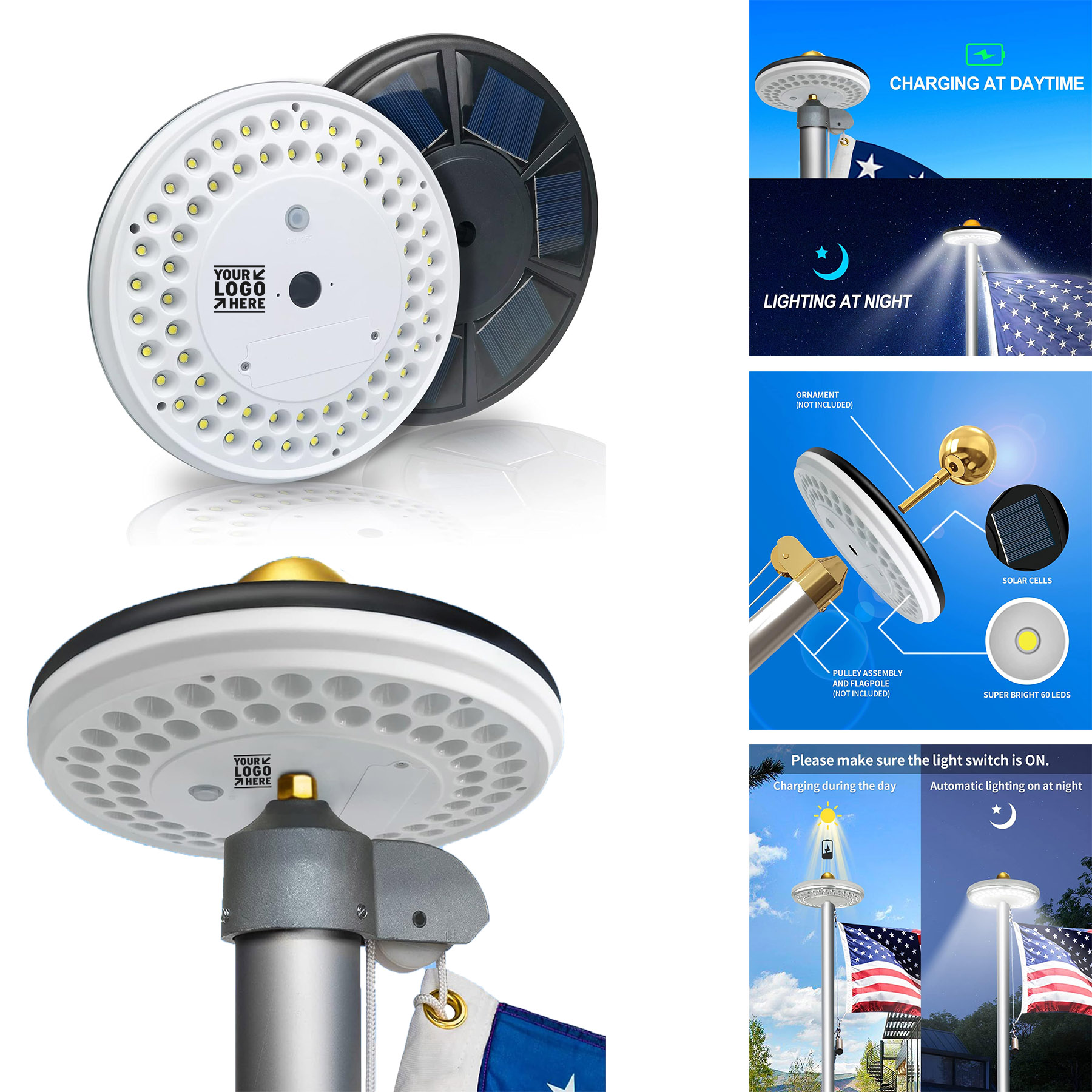 Outdoor Dusk to Dawn IP65 60 LEDs 30% Brighter Waterproof Fit 20-25 FT Solar Flag Pole Light 2