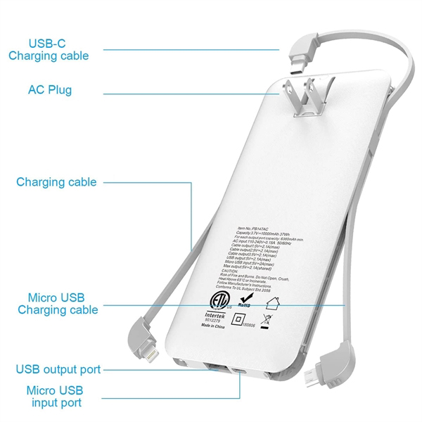 10,000mAh Portable Charger with AC Plug and Built-in Cables 1