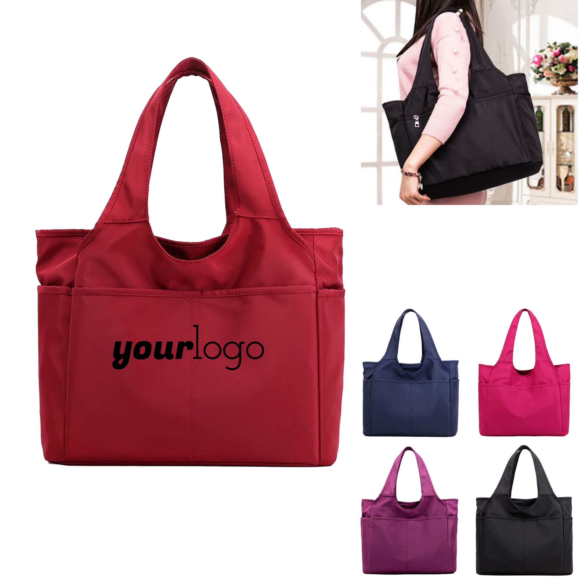 Lightweight Nylon Tote Bag with Organized Compartments, custom tote bag with logo imprint 4