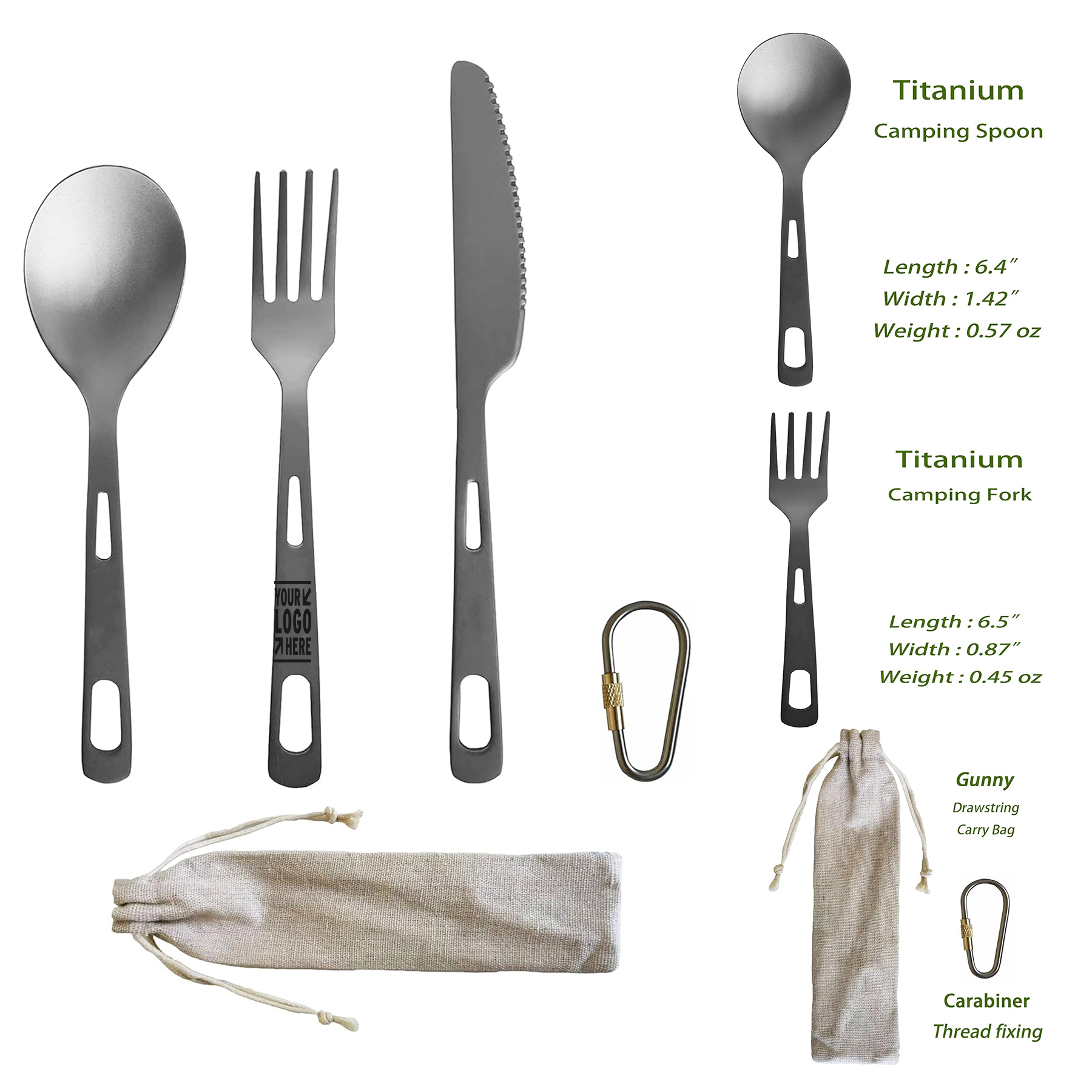 Ultra-light Titanium Spoon Fork Knife Camping Travel Dishware Utensils Set with Carabiner