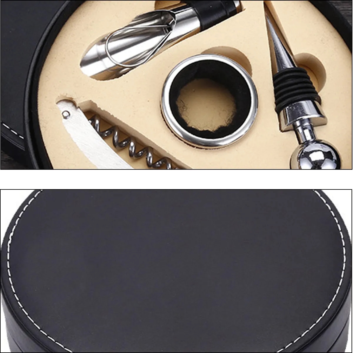 4 Piece Wine Gift Set In Round Leather Case 2