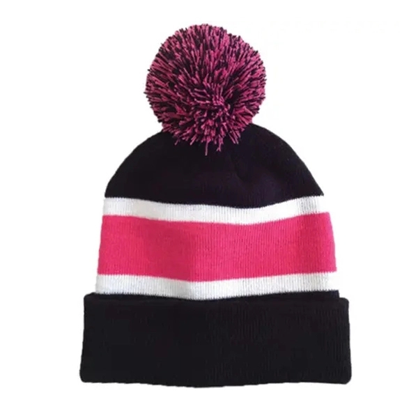 Three Tone Knit Beanie with Pom Ball 5