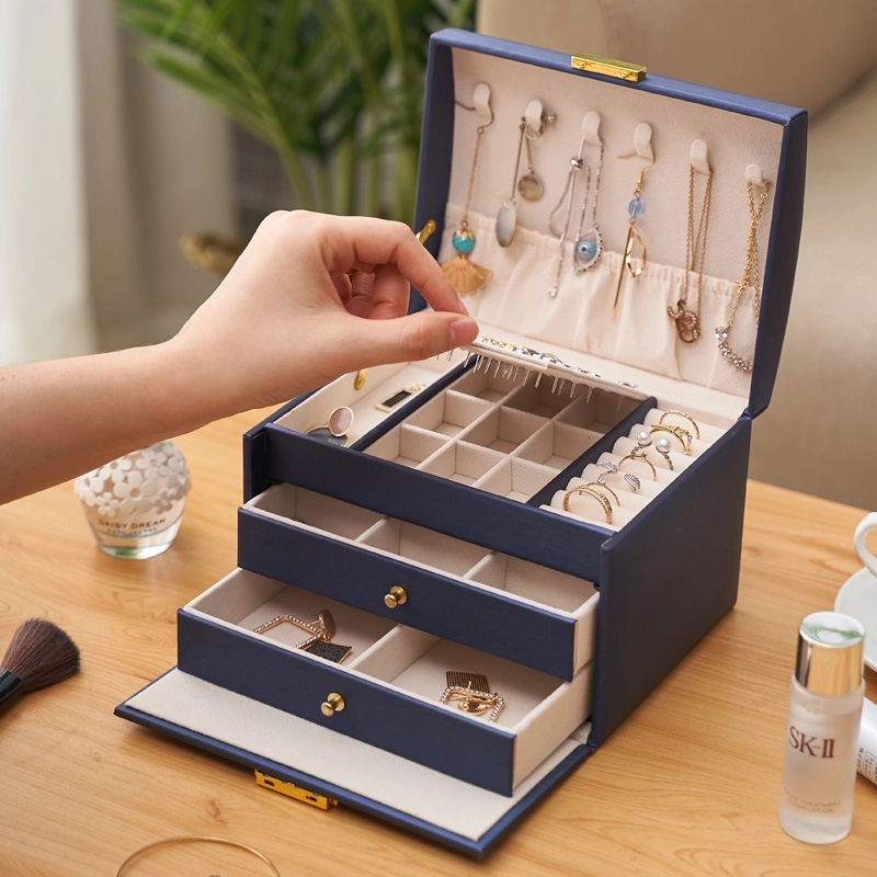 Custom 3-Layer PU Jewelry Organizer Box with Drawer & Handle 2