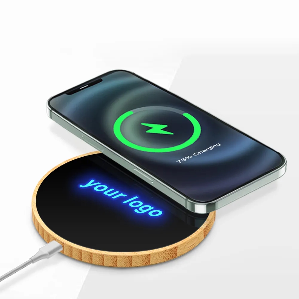 Light-up Logo Bamboo Wireless Charger Round 15W 7