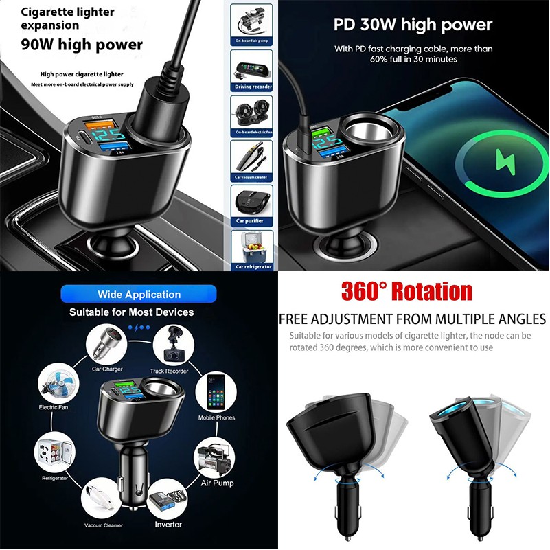66W QC3.0 PD Car Cigarette Lighter Adapter USB Fast Charge 3