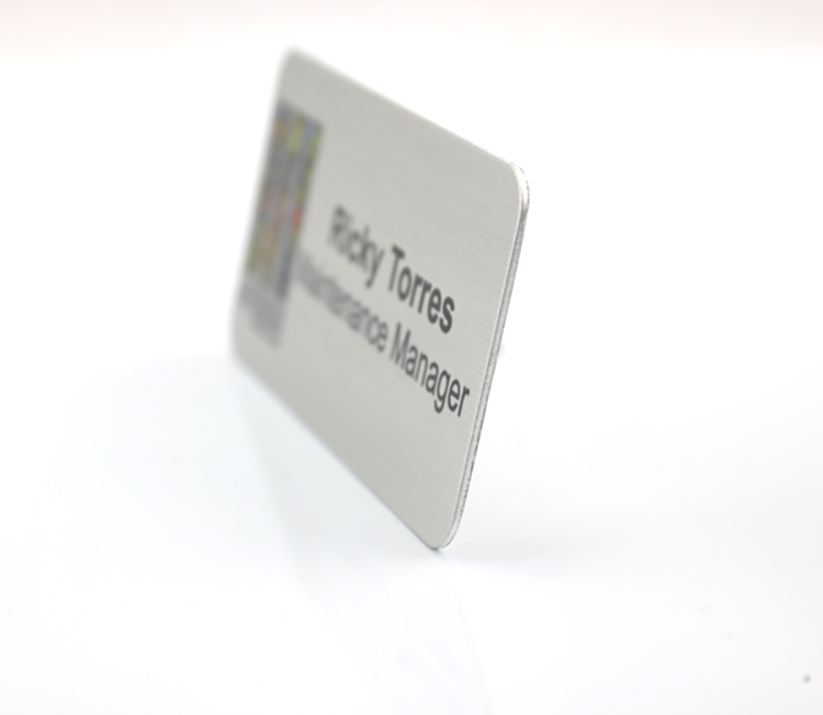The Athena full color .040 metal name badge 1 1/2" x 3 5