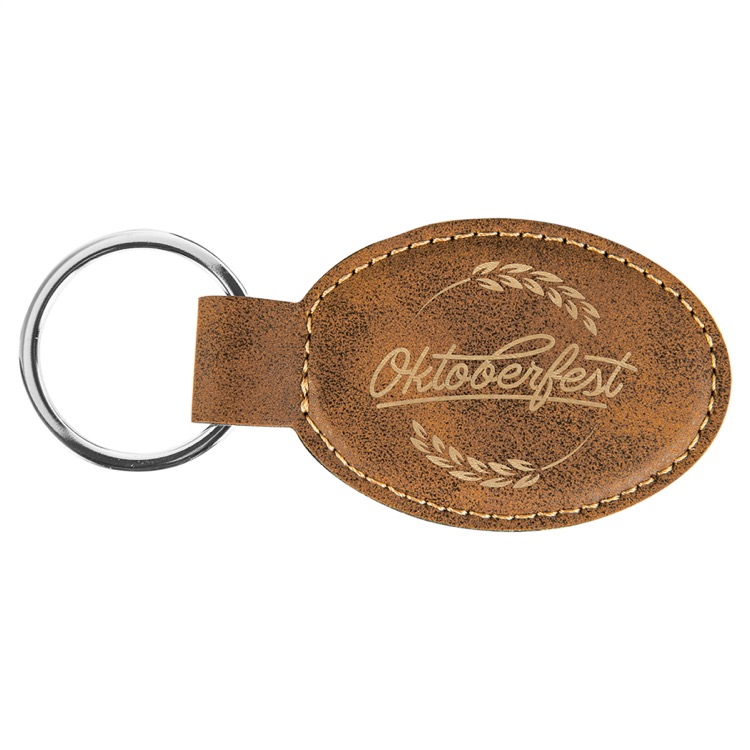3" x 1 3/4" Rustic/Gold Leatherette Oval Keychain 1