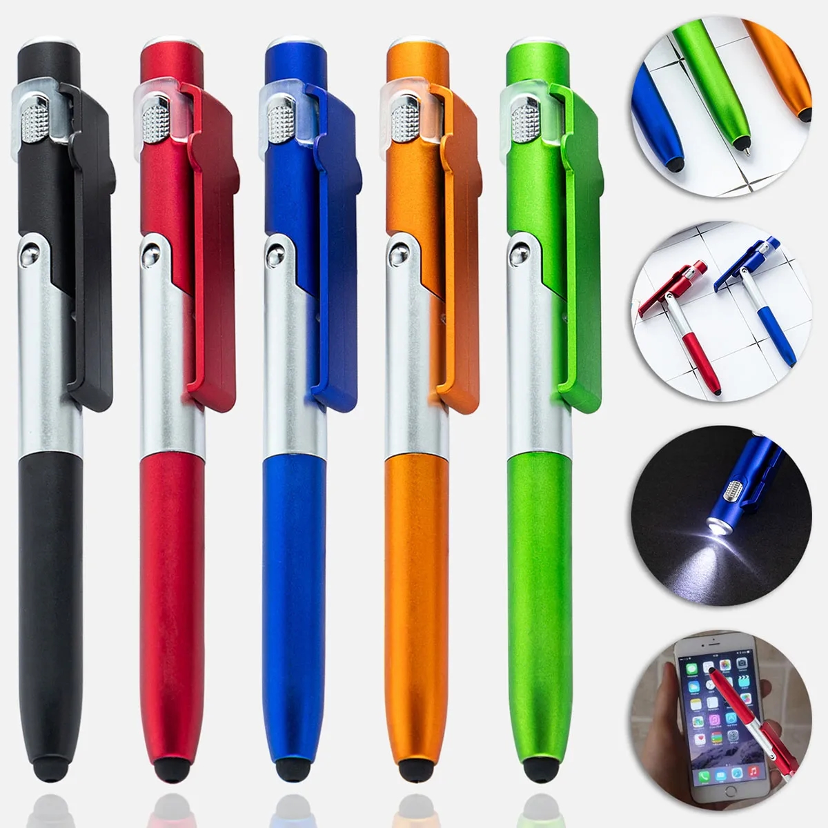 4 in 1 Ballpoint Pen with Tip Led Light Foldable Phone Stand 3