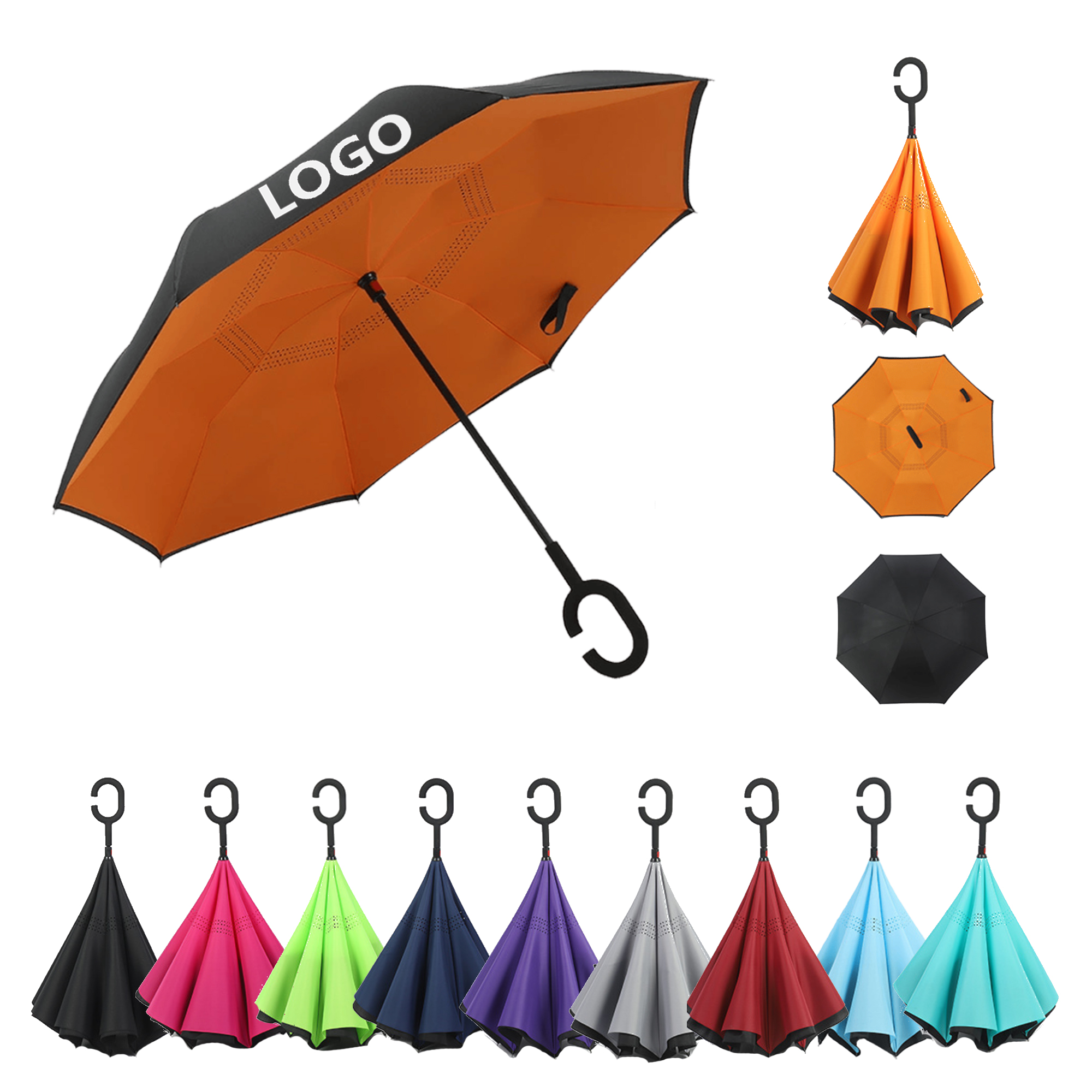 Large Inverted Reverse Umbrella C Shaped Handle Windproof 2