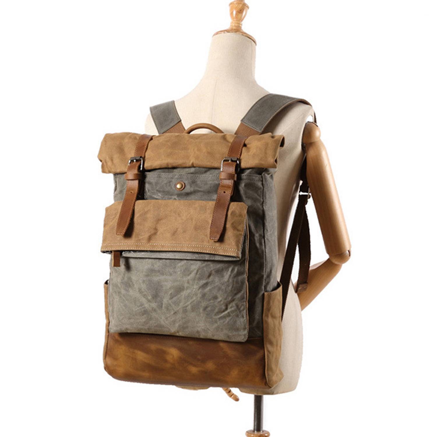Waxed Canvas Leather Hiking Travel Waterproof Backpack 10