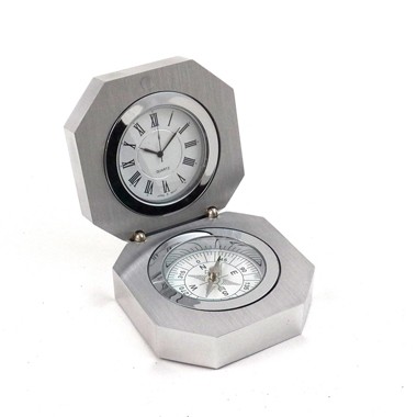 STAINLESS STEEL WITH BRUSHED FINISH 2 IN 1 CLOCK AND COMPASS GADGET 2