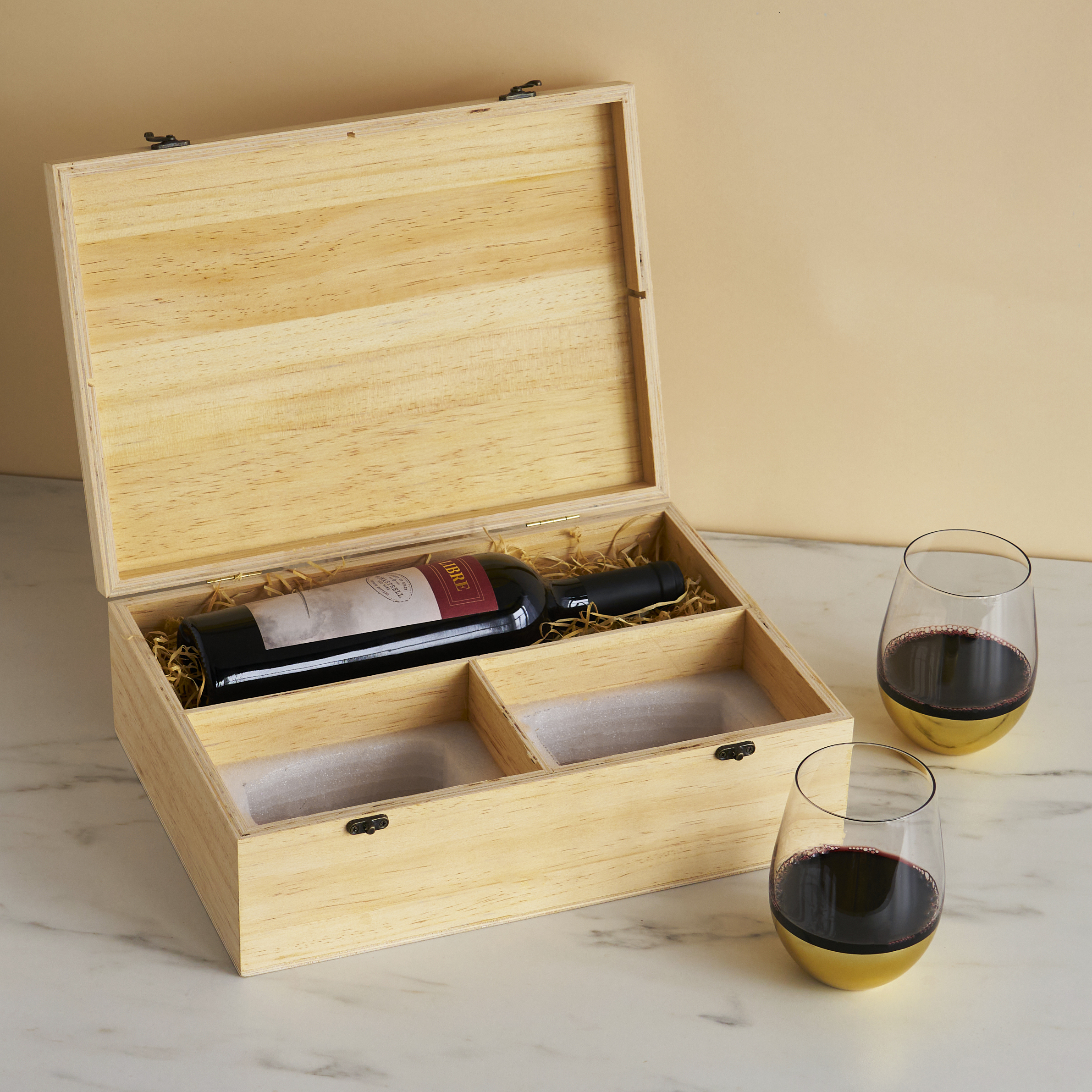 Twine Living® Wood Wine Box and Stemless Glass Set 2