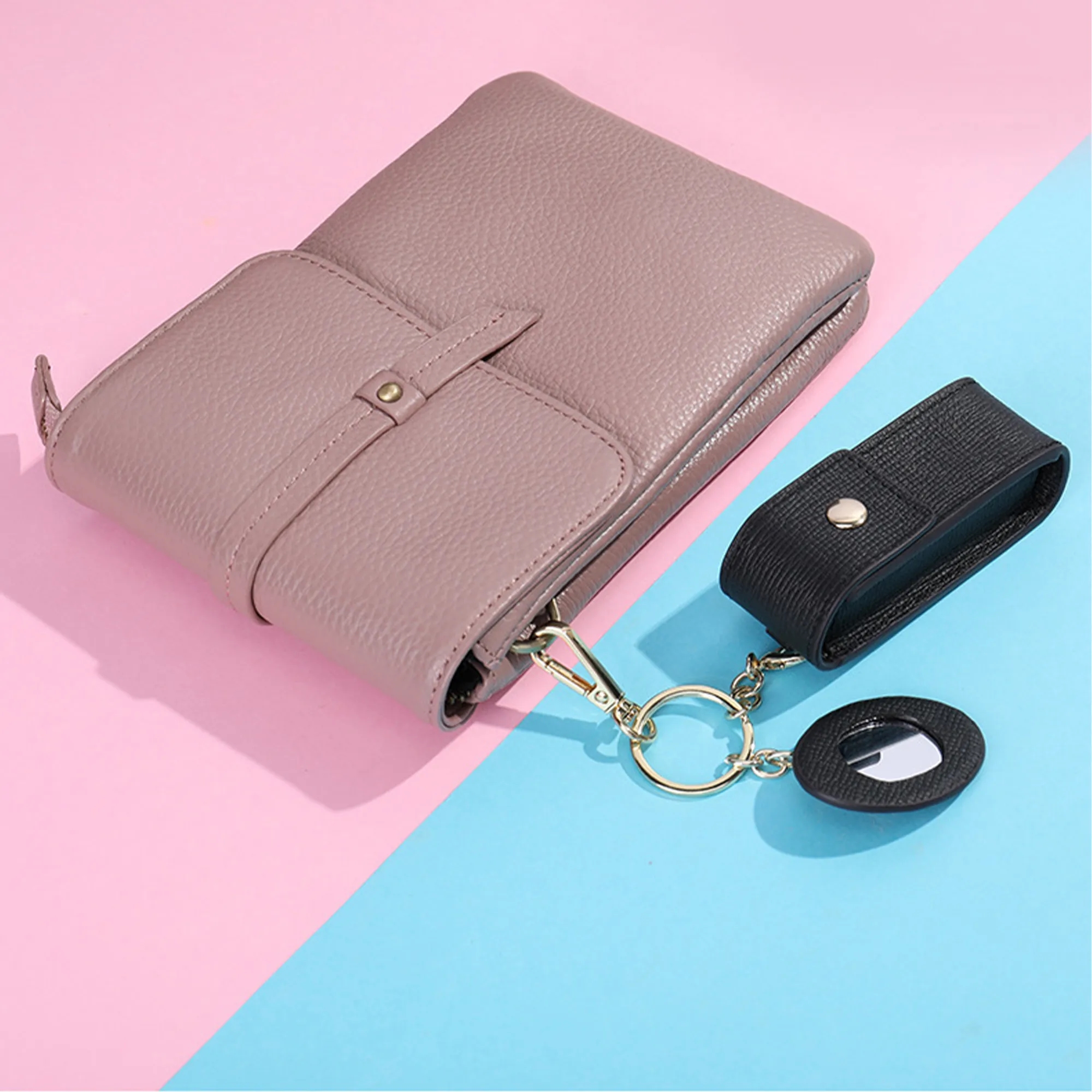 Leather Lipstick Perfume Keychain Organizer With Mirror 3