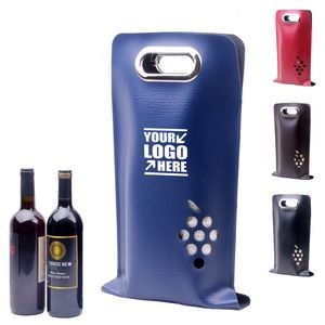 Buckled Dual Bottles PU Leather Wine Bag With Window And Metal Handles 14