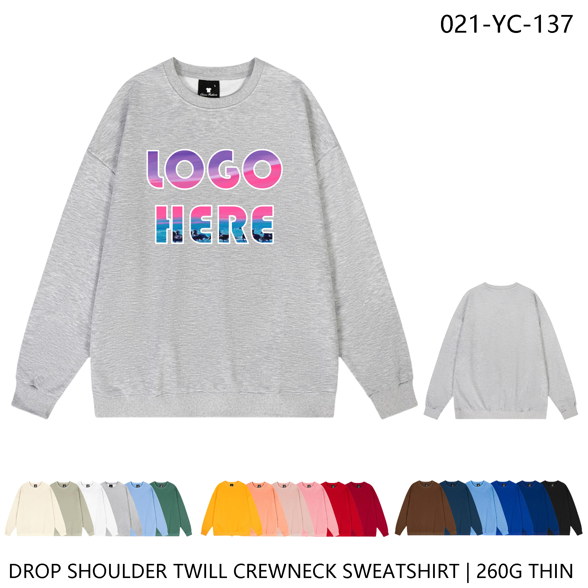 Custom Logo Unisex Drop Shoulder Crewneck Sweatshirt ?C Lightweight Twill, custom hoodie or sweatshirt with logo imprint 2