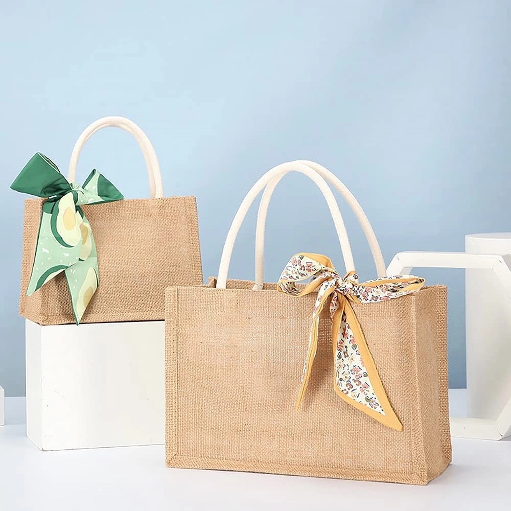 Natural Linen Jute Reusable Tote Bag With Handles 3