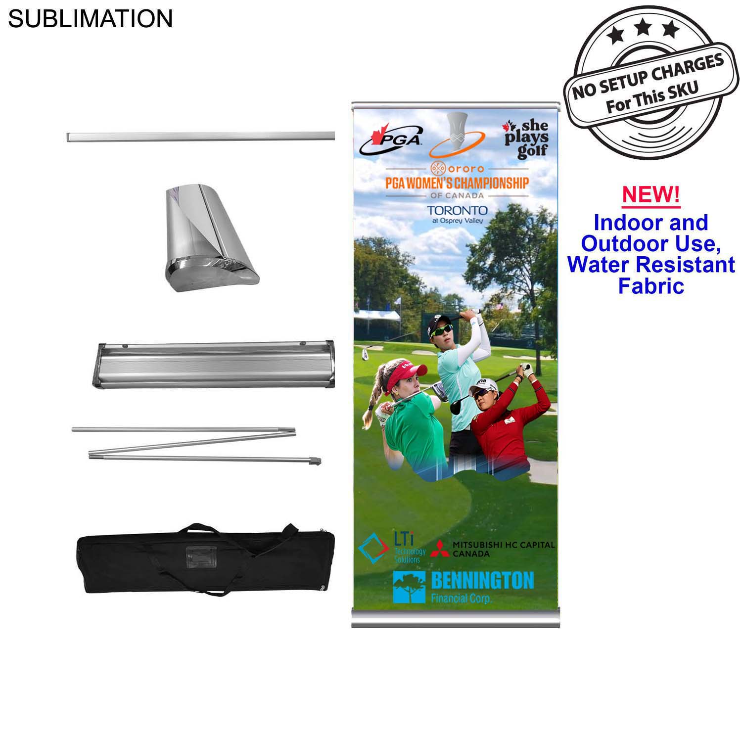 Sublimated Heavy Fabric Deluxe Wide Base Retractable Pull Up Banner, Stand and Bag, 33.5x79 4