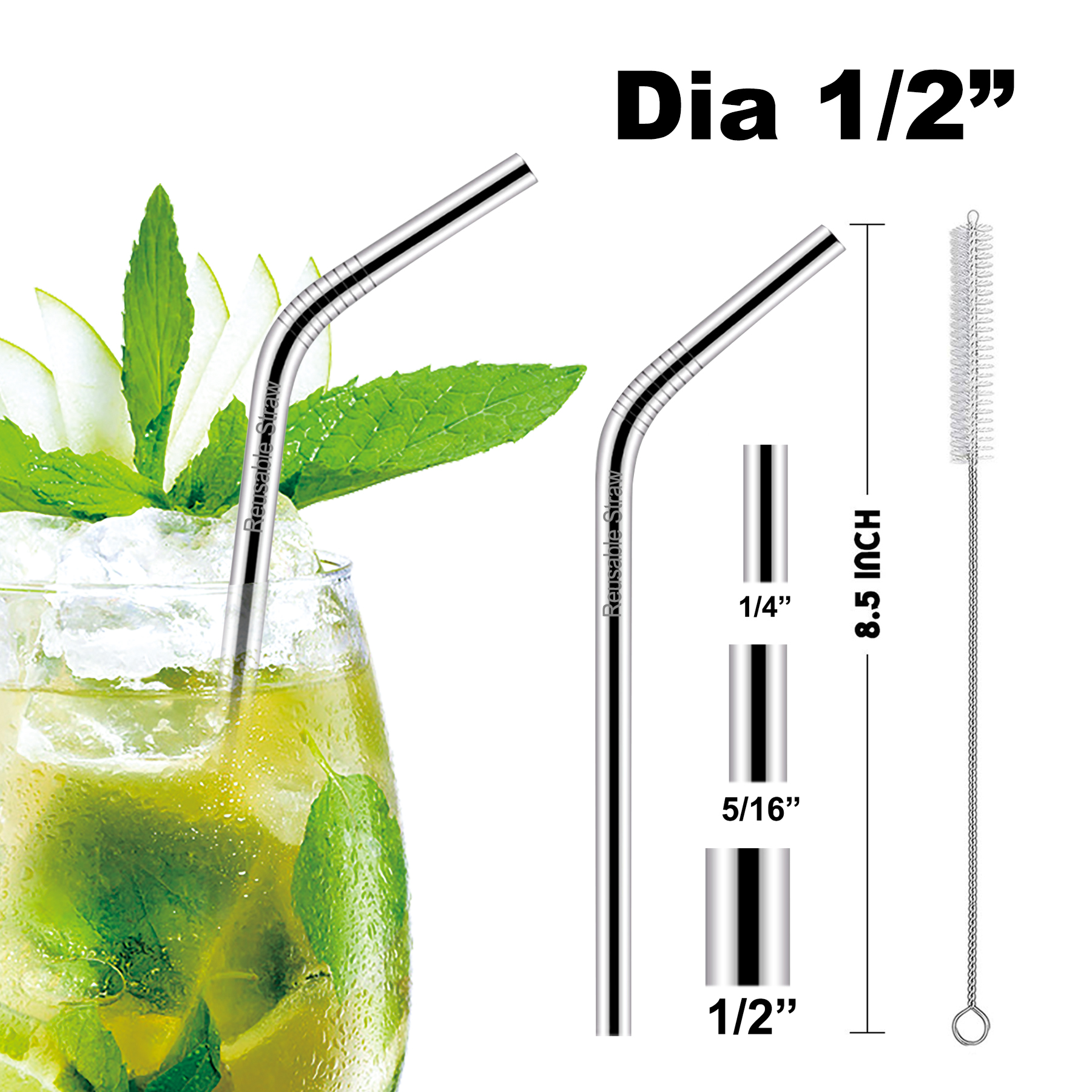 8 1/2"L 1/2"Dia Stainless Steel Straws 3