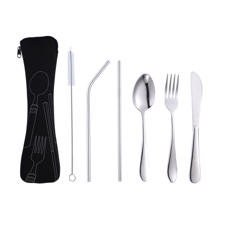 Stainless Knife Fork Spoon Straw Set 2