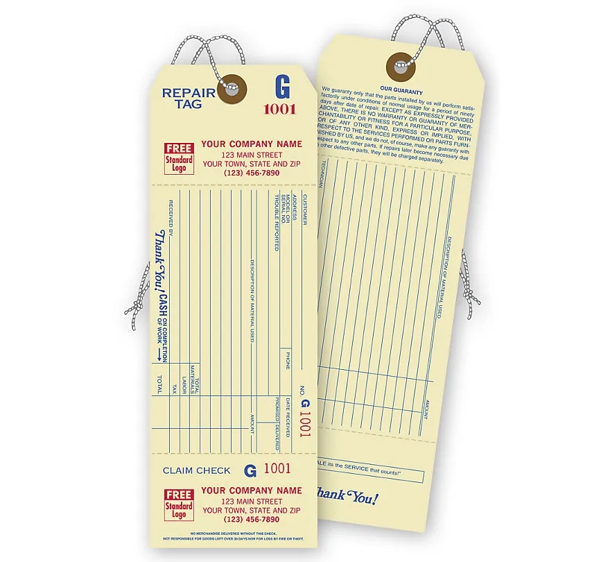 Repair Tags with Detachable Claim Check 1