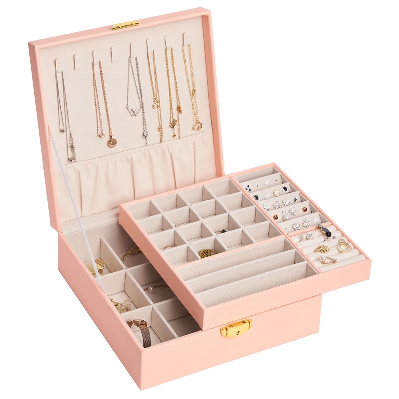 Custom PU Leather 2-Layer Jewelry Organizer Box with Lock 5