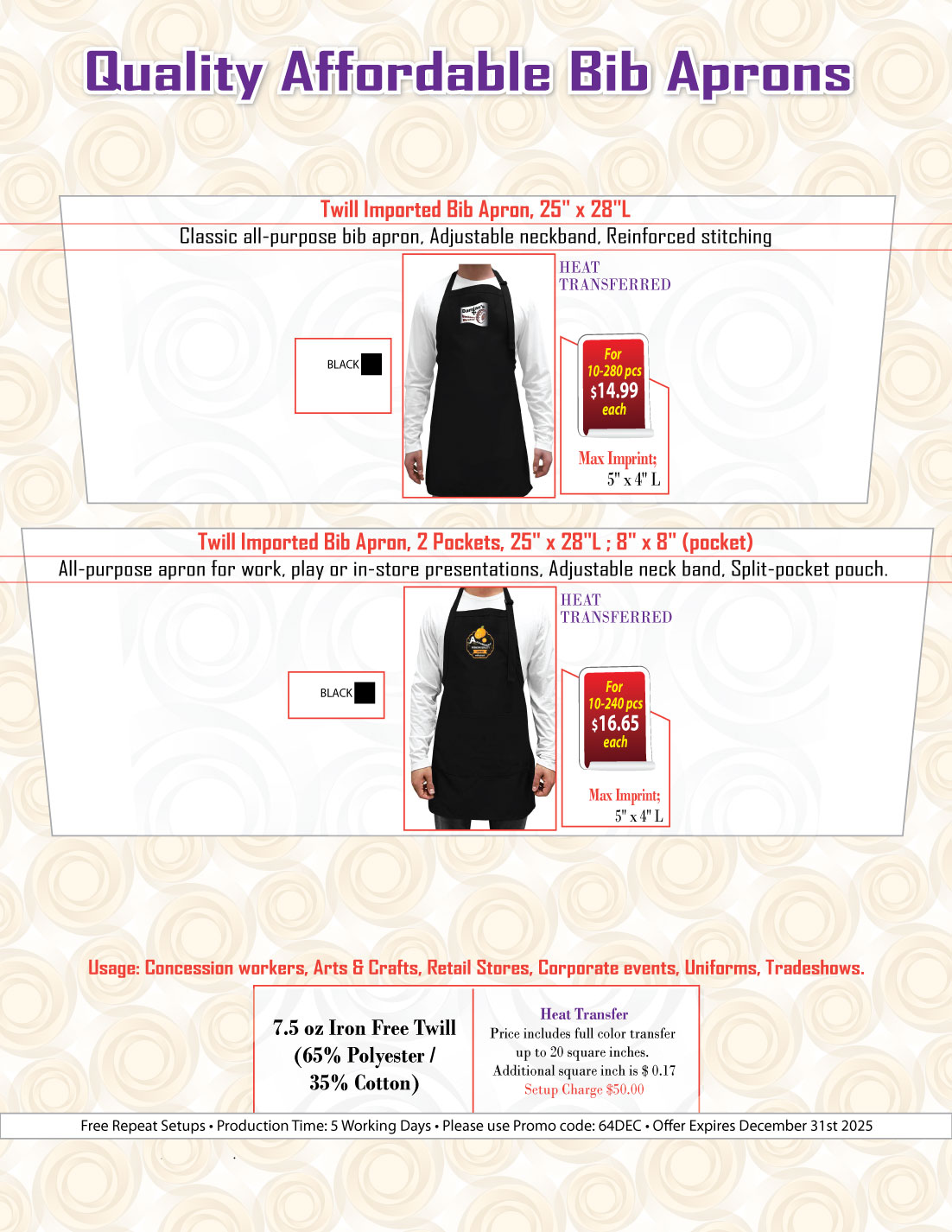 Twill Bib Apron, 25x28, No Pockets, Adjustable Neck, Heat Transfer logo, In Stock 3