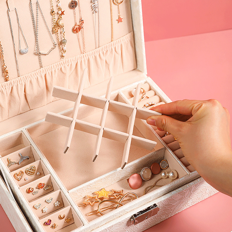 2-Layer PU Jewelry Organizer Box with Lock & Mirror / Hook 5