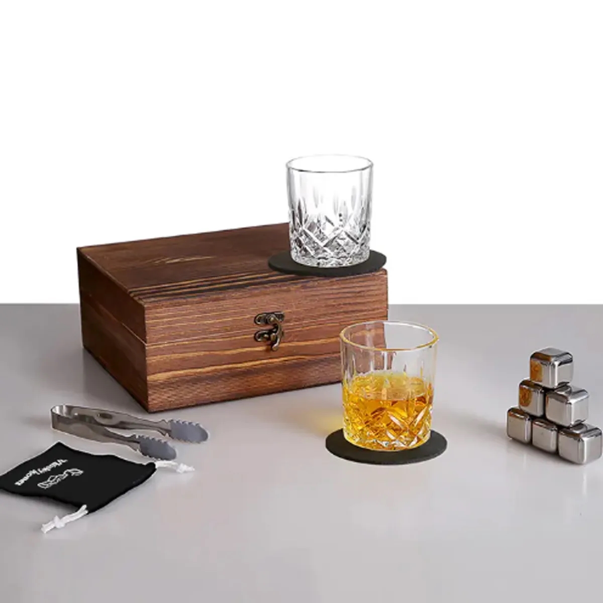 Whiskey Glasses Gift Set Stainless Steel Stones Wood Box 3