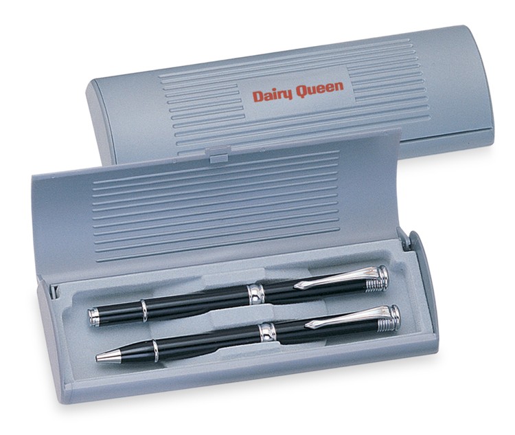 Silver Plastic Flip Case Double Pen Holder- Imprinted 2