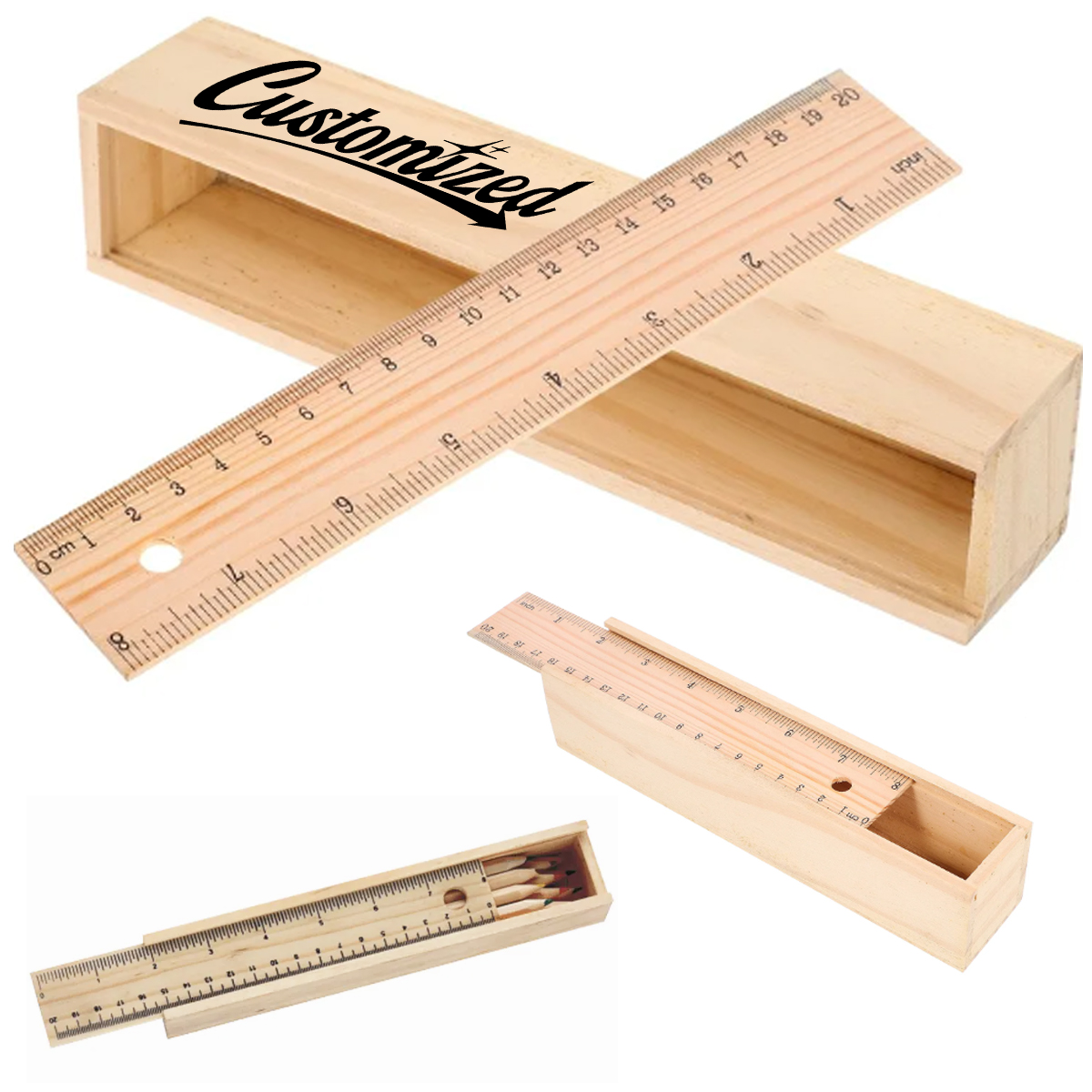 Wooden Ruler Pencil Box with 12 Colored Pencils 1