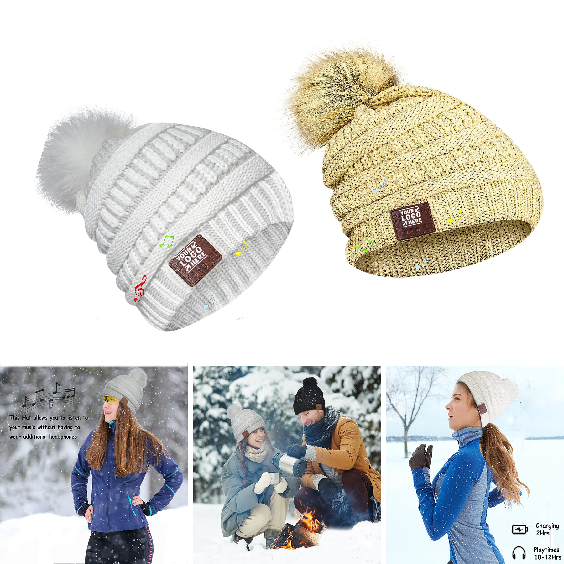 Women Winter Warm Knit Built-in Stereo Speaker Mic Wireless Cap Pompom Music Beanie Headphone Hat  2
