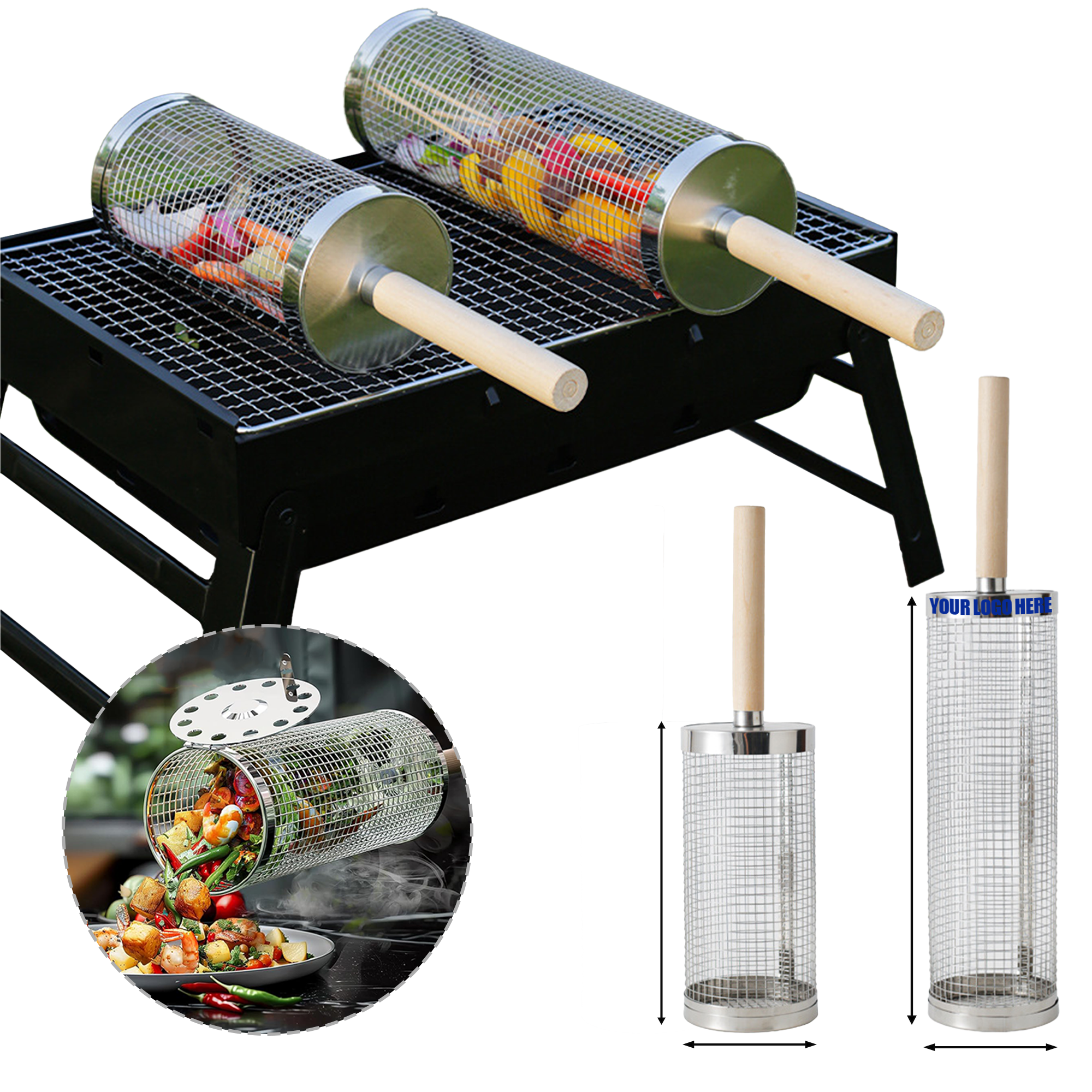Rolling Grill Basket with Removable Handle 1