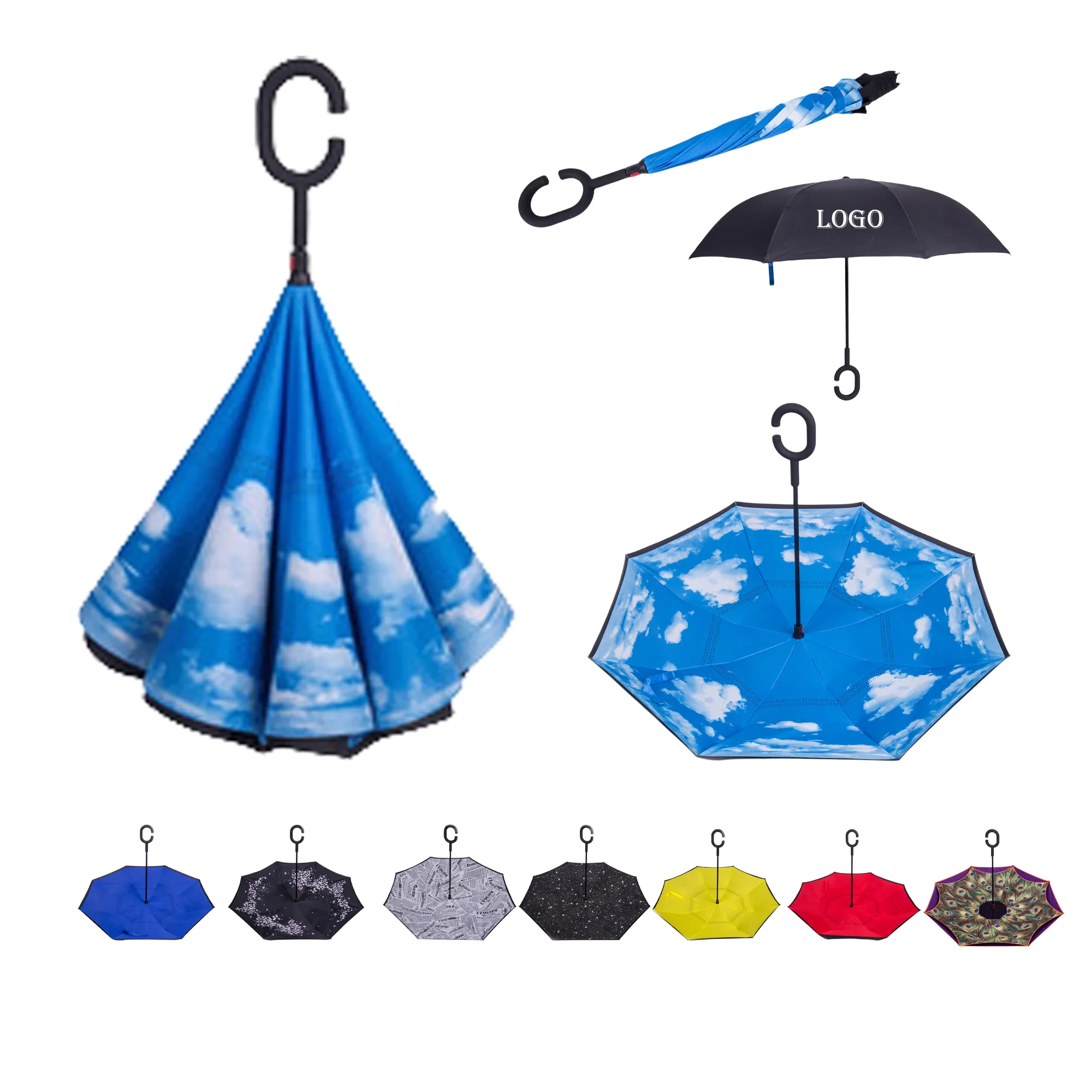Reversible Inverted Umbrella With C-Shape Handle 1