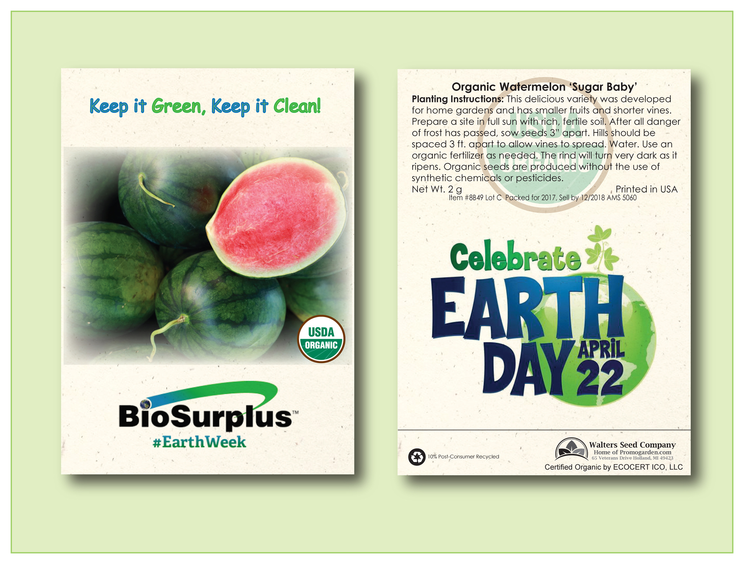 Organic Watermelon Sugar Baby Seed Packet -Standard Size 3.25" x 4.5" 2
