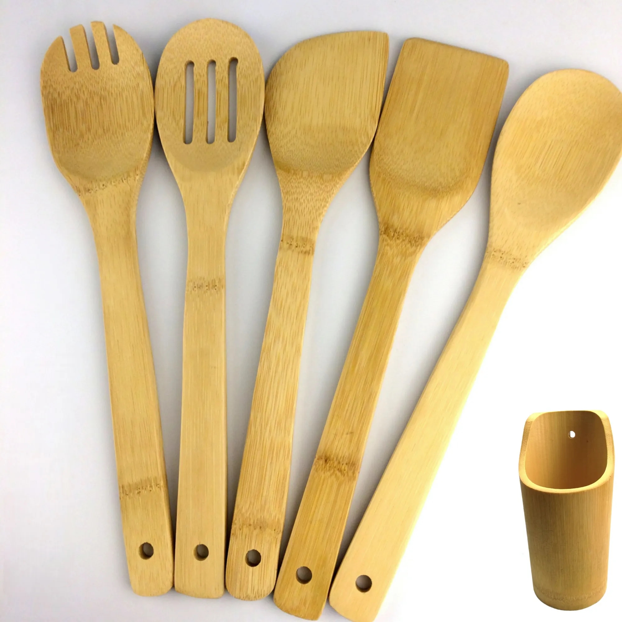 5 Piece Bamboo Cooking Utensil Set Kitchenware With Holder 4