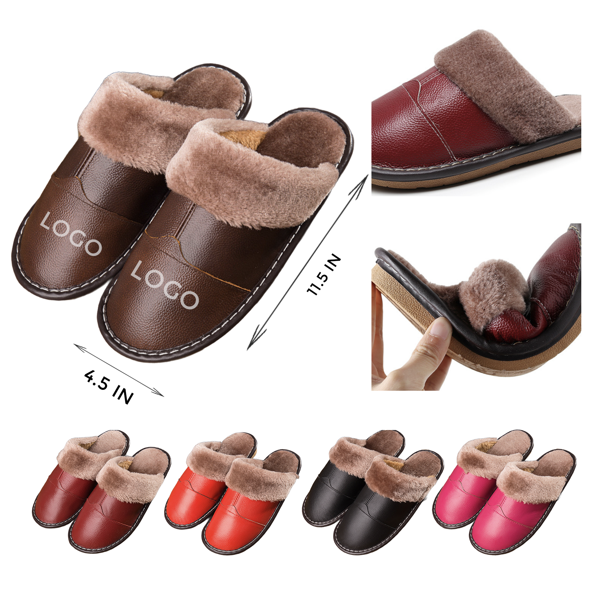 MOQ 10 PCS Stylish Winter Genuine Leather Warm Slippers 2