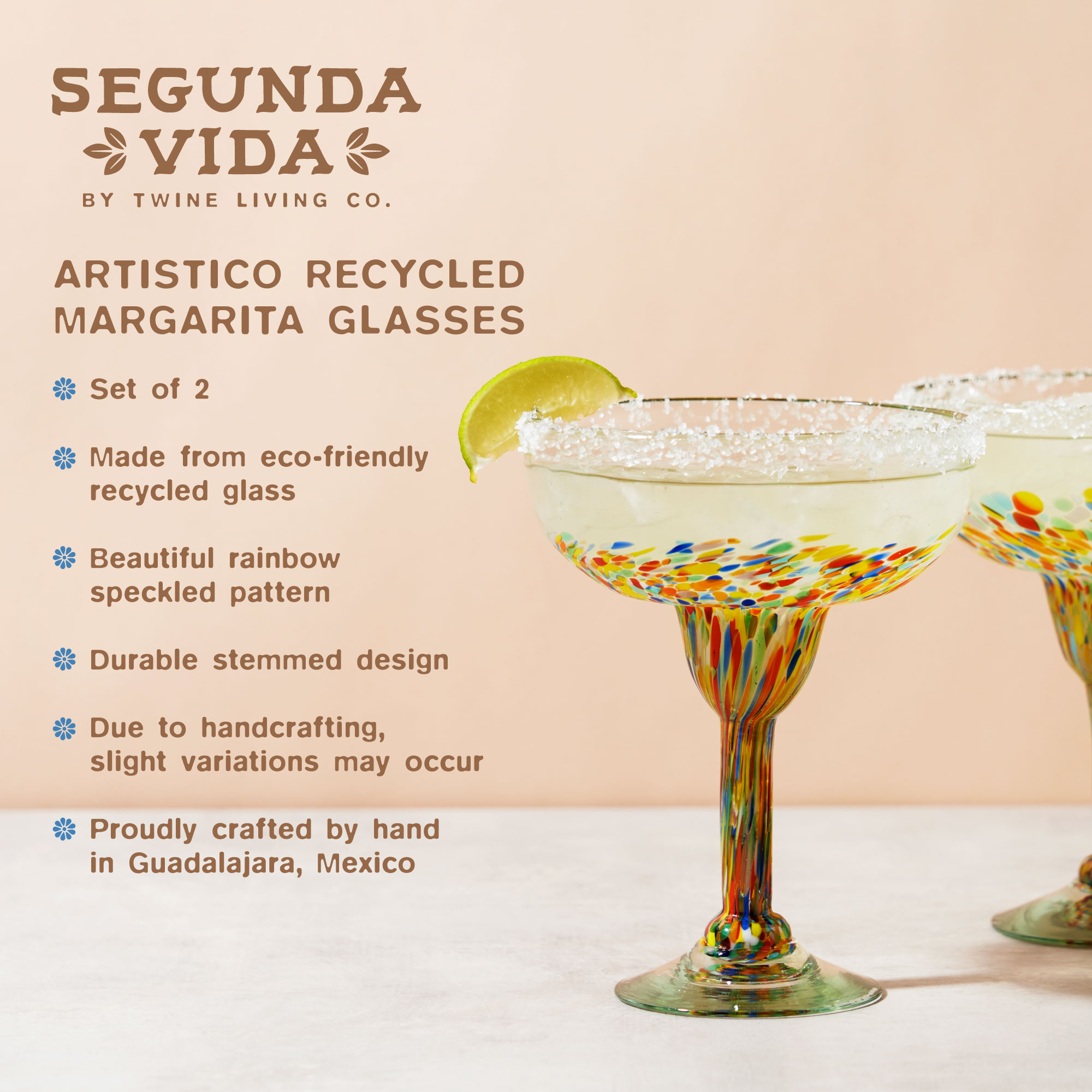 Twine Living® Artistico Recycled Margarita Glass, set of 2 7