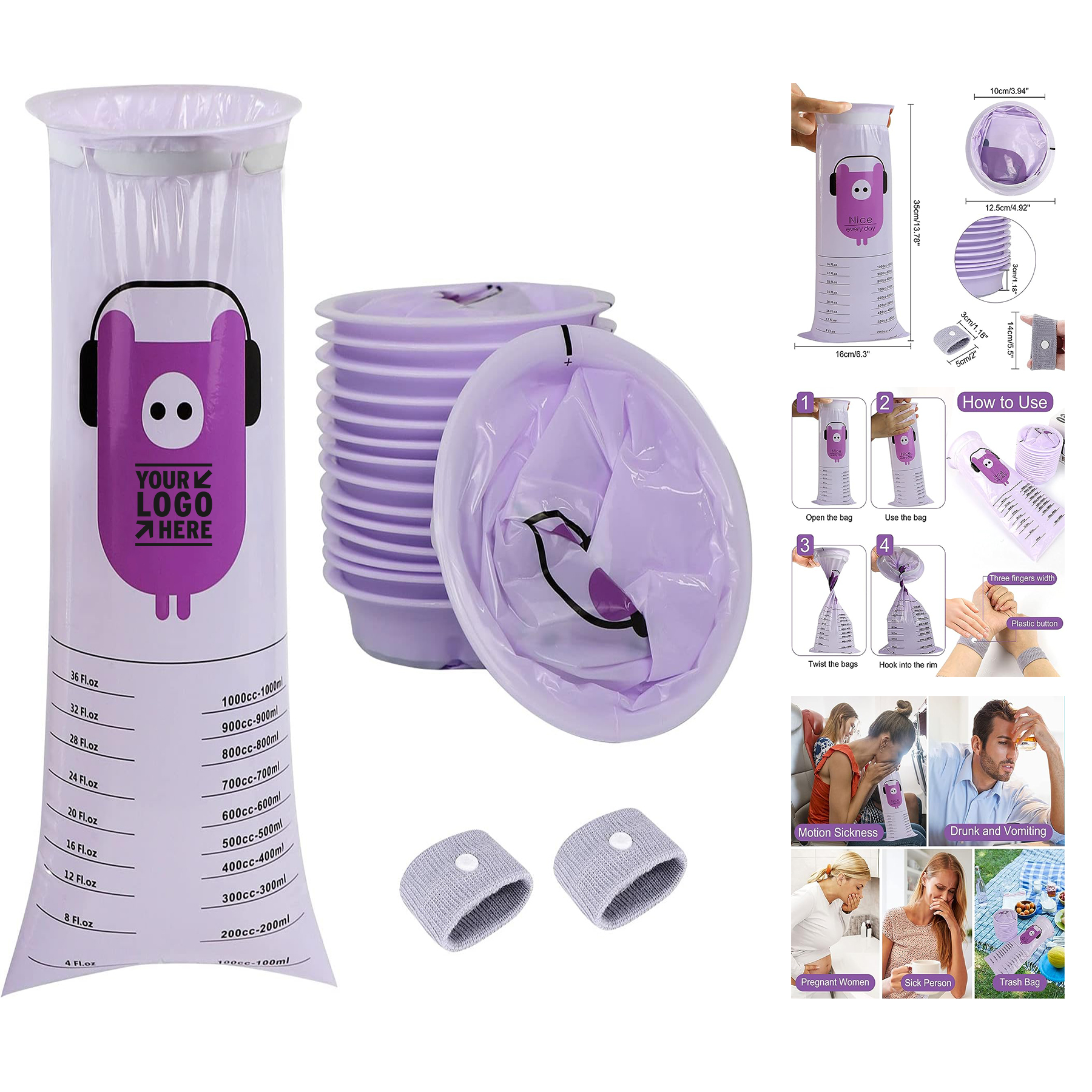 Kids Pregnant Taxis Drivers 1000ml Portable Leak Resistant Disposable Morning Sickness Vomit Bag