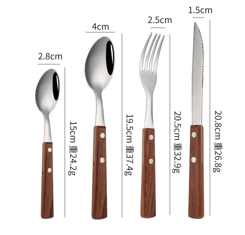 4 pcs Steak Knife Fork Spoon Set Wooden Handle 4