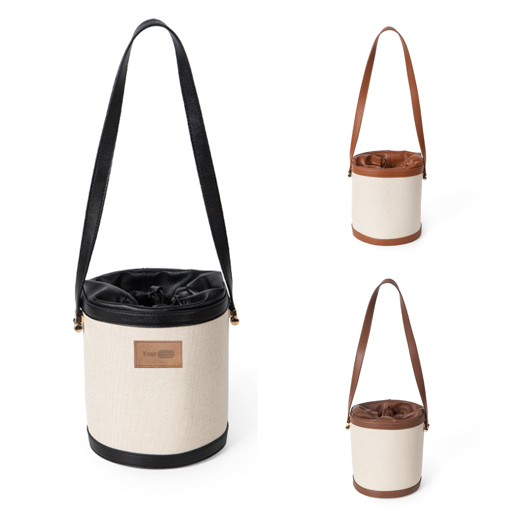Canvas Contrasting canvas-paneled bucket shoulder bag 1