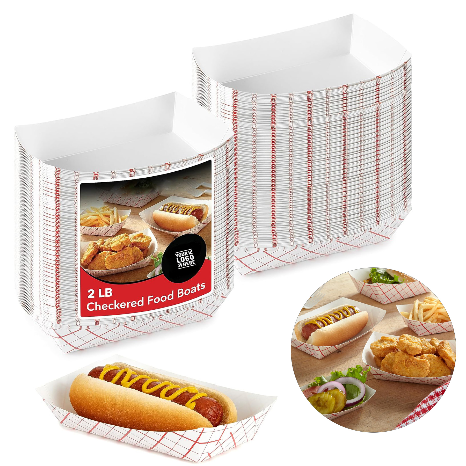 4.5" x 2.75" Medium Eco Friendly Paper Food Boats 2 Lb Disposable Checkered Tray 2