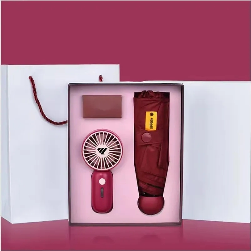 Compact 5-Fold Umbrella with Portable Fan Gift Box Set 6