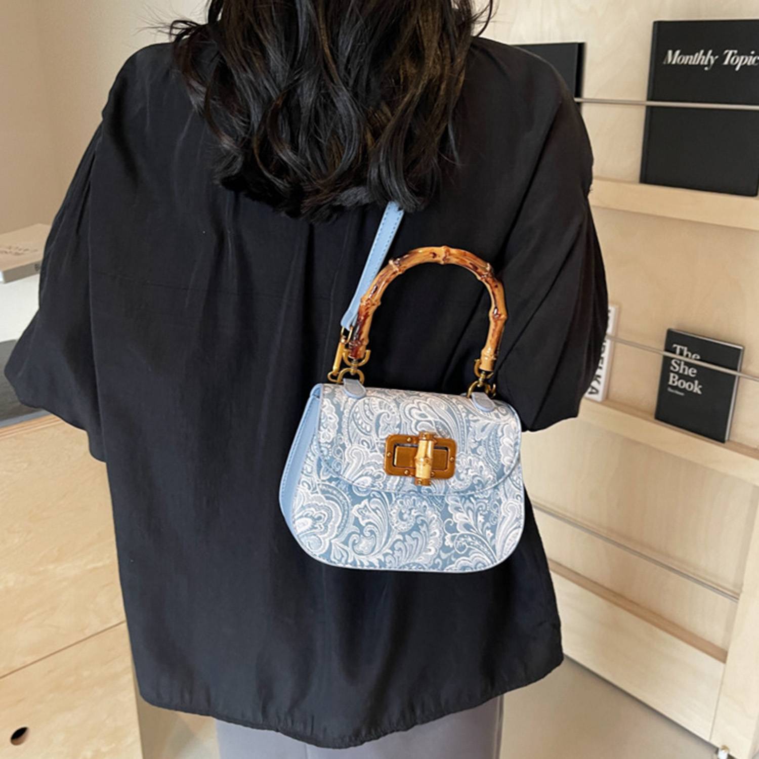 Bamboo Handle PU Leather Crossbody Handbag 4